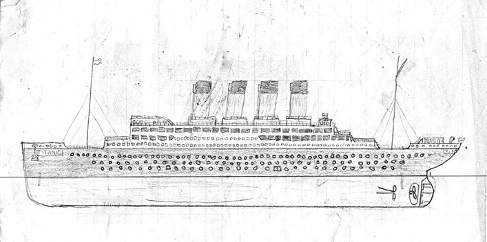 Drawing of Titanic with water line
